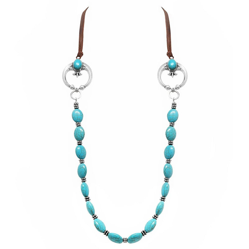 Western Cowgirl Chic Vegan Leather With Semi Precious Howlite Stone Long Necklace, 33"+3" Extension (Squash Blossom With Turquoise Howlite)