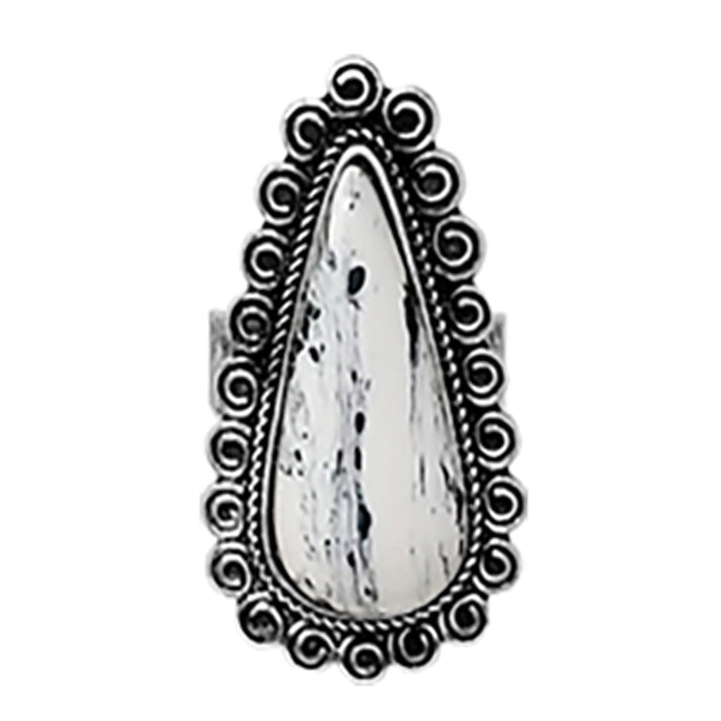 Western Style Teardrop Semi Precious Dalmatian Spot Howlite Stone Adjustable Ring