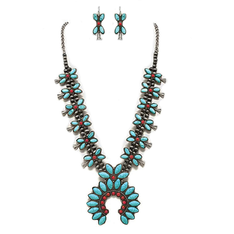 Western Chic Statement Howlite Squash Blossom Necklace Earrings Set, 24"+3" Extension (Turquoise With Red)