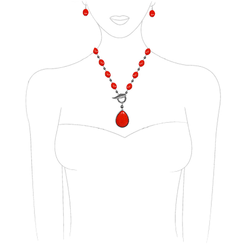 Stunning Western Cowgirl Red Howlite Stone Toggle Clasp Necklace Earring Set, 18"