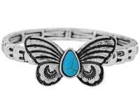 Chic Western Semi Precious Turquoise Howlite Stone Butterfly Stretch Bangle Bracelet, 7"