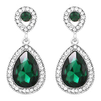St. Patrick's Day Glass Crystal Teardrop Rhinestone Pave Halo Statement Drop Post Back Earrings (Green Crystal/Silver Tone)