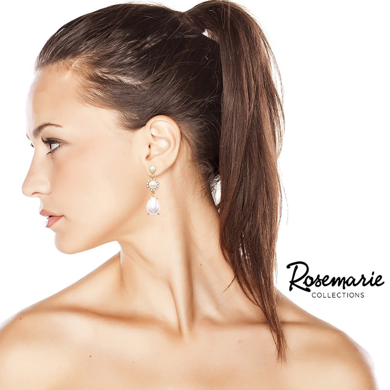 Elegant Glass Crystal Teardrop and Rivoli Rhinestone Statement Dangle Post Back Earrings (Simulated Pearl/Gold Tone)