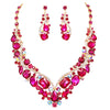 Stunning Crystal Rhinestone Statement Necklace Drop Earrings Bridal Set, 18"+3" Extender (Fuchsia Pink Crystal Gold Tone Setting)