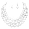 Multi Strand Simulated Pearl Necklace and Earrings Jewelry Set, 18"+3" Extender (White With Silver Tone)