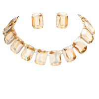 Stunning And Colorful Emerald Cut Crystal Rhinestone Statement Necklace Earrings Bridal Gift Set, 16.5"+3" Extender (Champagne Crystal Gold Tone)