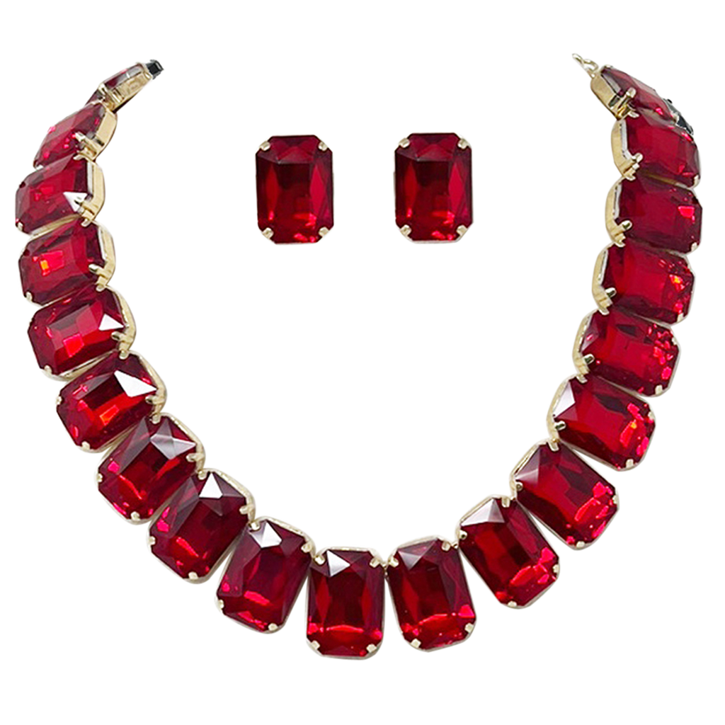 Stunning And Colorful Emerald Cut Crystal Rhinestone Statement Necklace Earrings Bridal Gift Set, 16.5