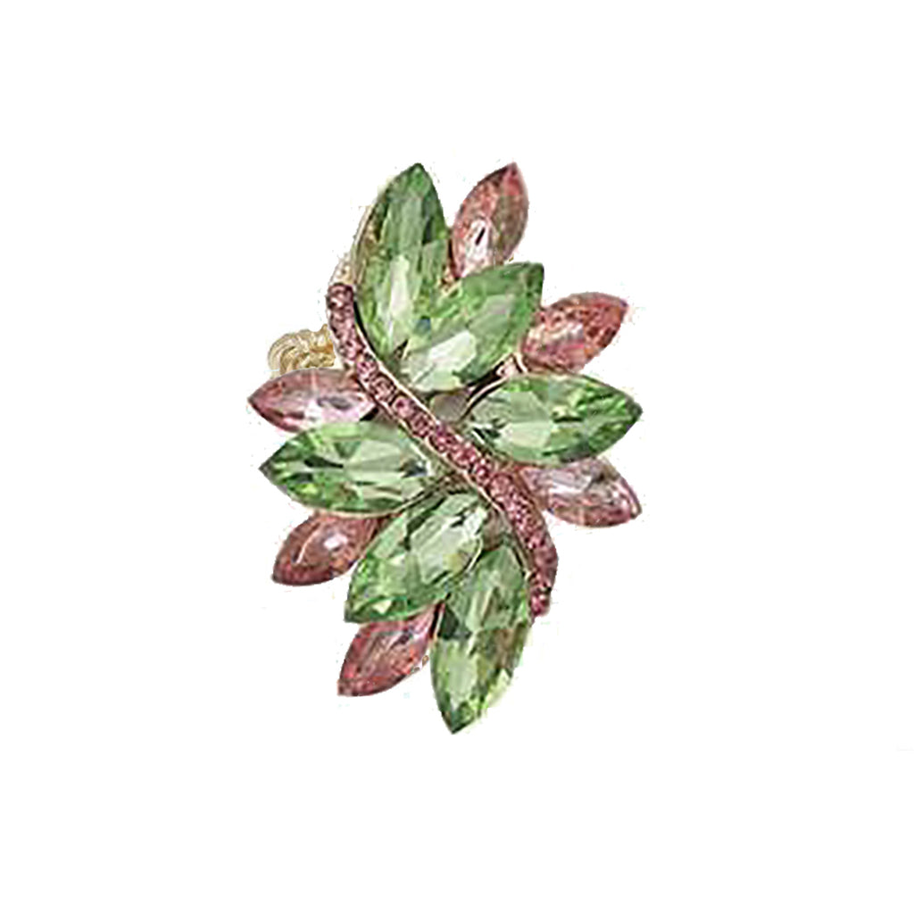 Dazzling Crystal Marquis Leaf Cluster Statement Stretch Cocktail Ring (Green With Pink Crystal Gold Tone)