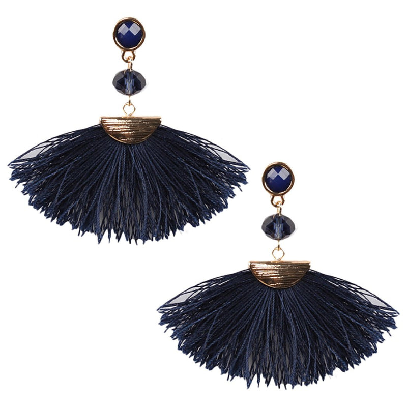 Gold Tone and Navy Blue Fan Fringe Tassel Drop Fashion Earrings