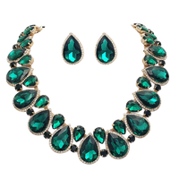 Stunning And Colorful Teardrop Halo Crystal Rhinestone Statement Necklace Earrings Bridal Gift Set, 18"+4" Extender (Emerald Green Crystal Gold Tone)