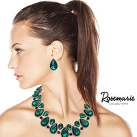 Stunning And Colorful Teardrop Halo Crystal Rhinestone Statement Necklace Earrings Bridal Gift Set, 18"+4" Extender (Emerald Green Crystal Gold Tone)