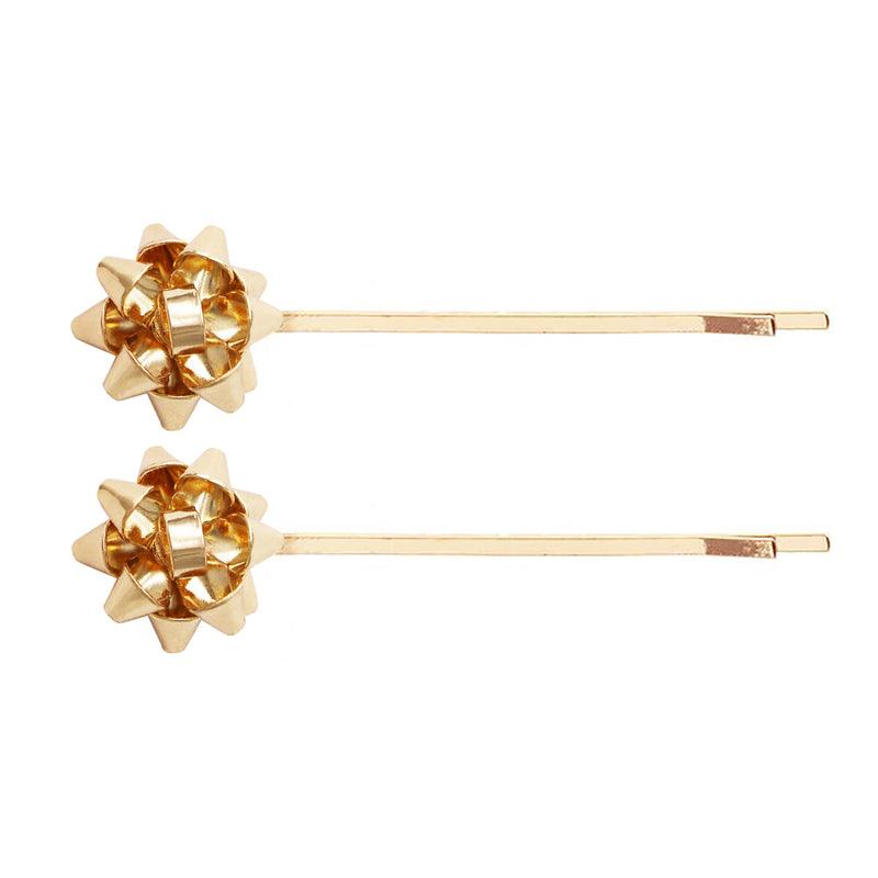 Set of 2 Holiday Birthday Celebration Bow Bobby Pins Barrette Clip Hair Accessories, 3" (Gold)