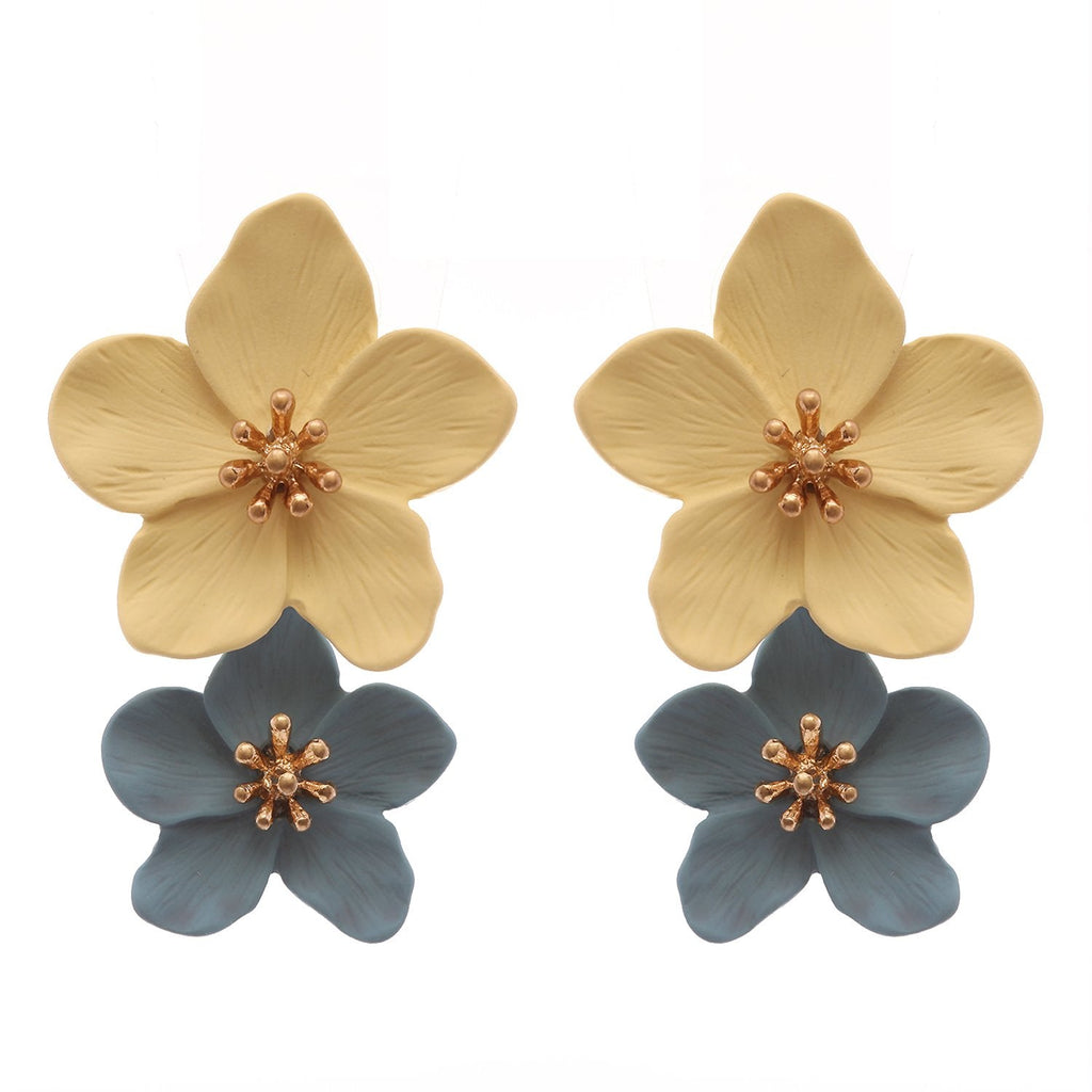 Double Metal Flower Dangle Drop Statement Post Earrings (Blue/Yellow)