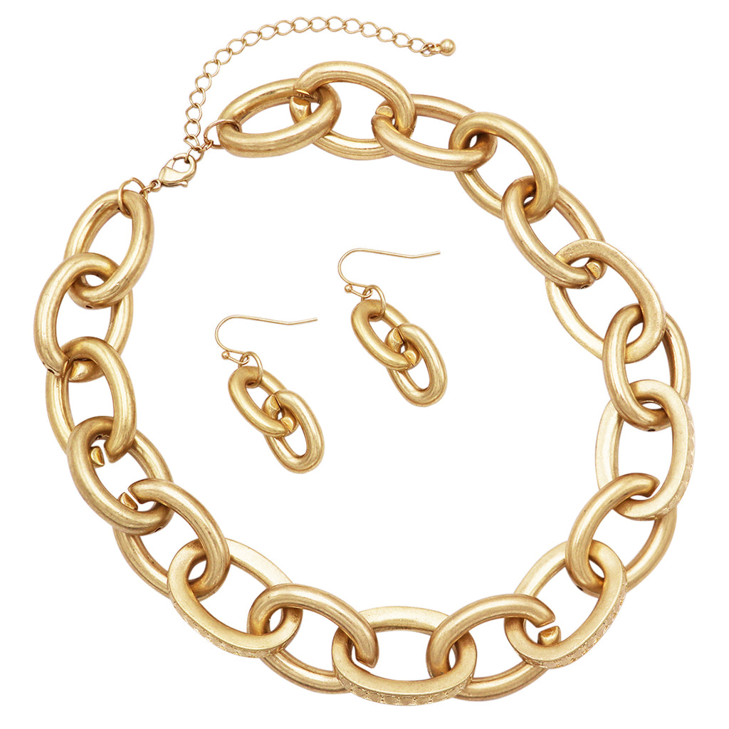 Matte Chunky Oblong Textured Links Chain Choker Necklace Earrings Set, 13
