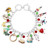 Stylish 12 Days Of Christmas With Enamel Holiday Charms And Faceted Red And Green Crystals On Silver Tone Toggle Clasp Link Bracelet, 7"-8.5"