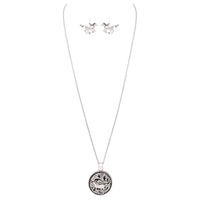 Beautiful Statement Magnetic Medallion Pendant With Earrings On Claspless Stainless Steel Chain, 30"
