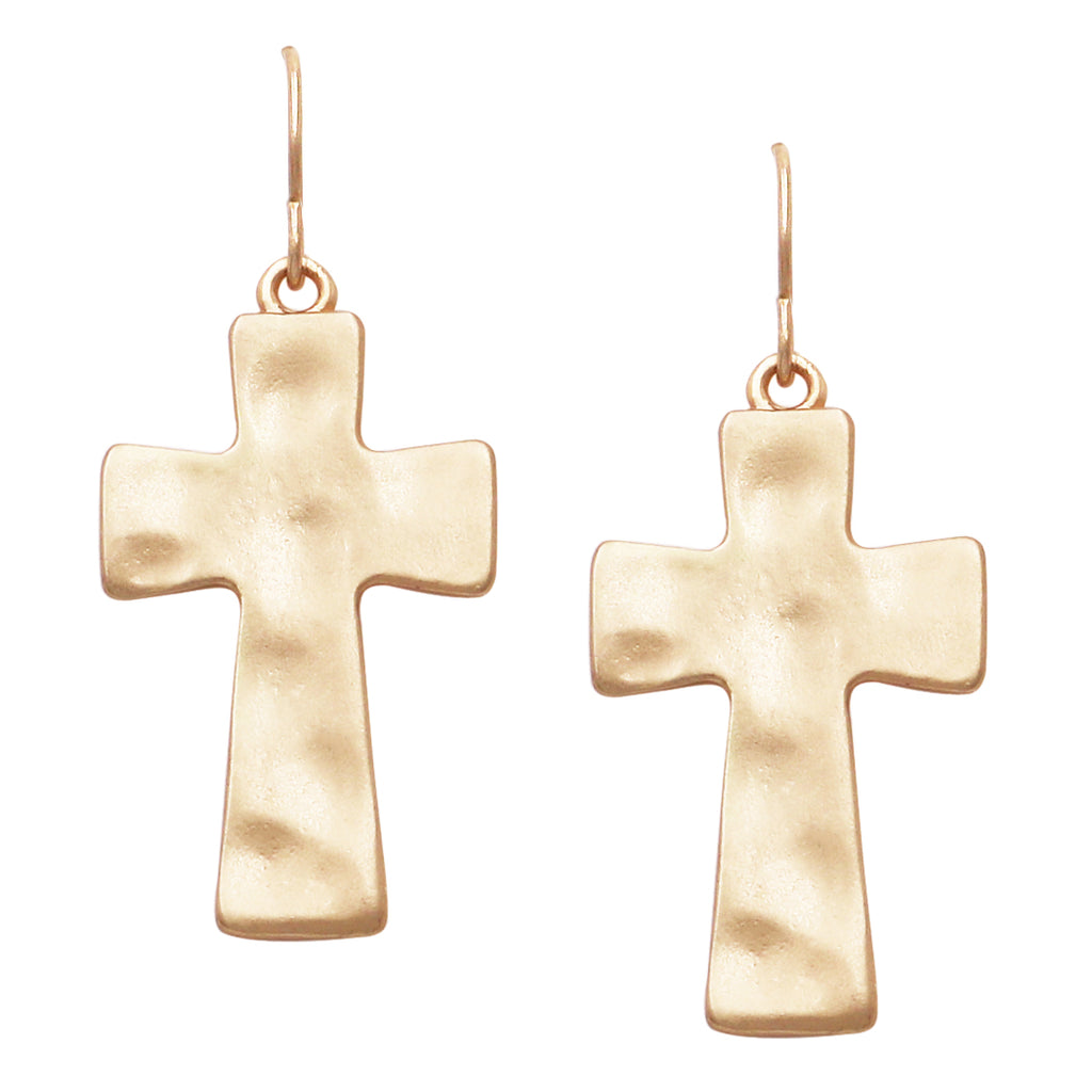 Matte Finish Hammered Metal Cross Religious Dangle Earrings, 1.75
