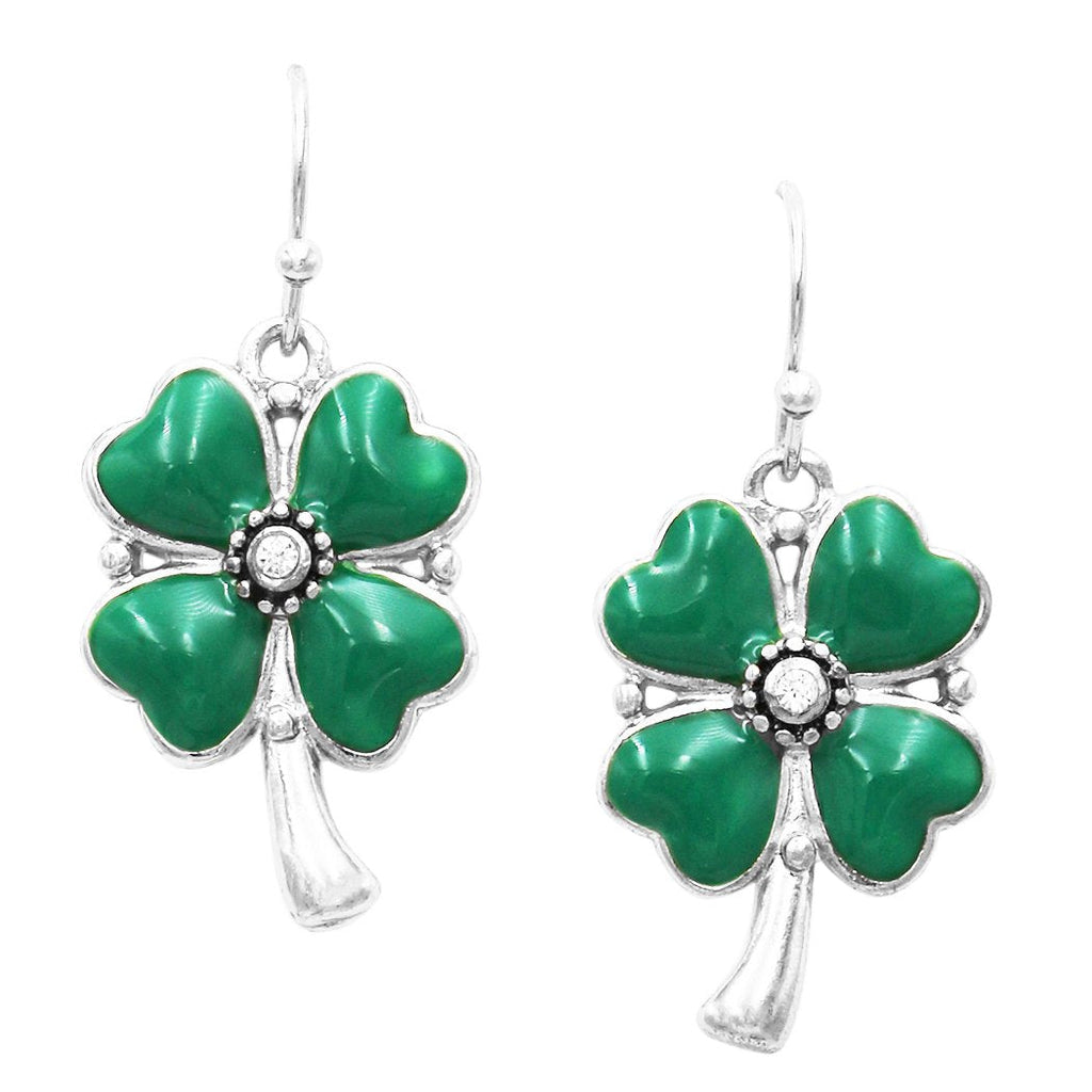 Lucky 4 Leaf Clover Shamrock St Patrick's Day Enamel Dangle Earrings, 1.25