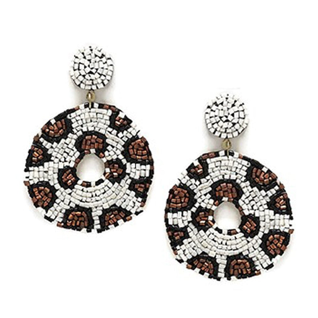 Wild Animal Leopard Print Decorative Seed Bead Hoop Earrings, 2.5