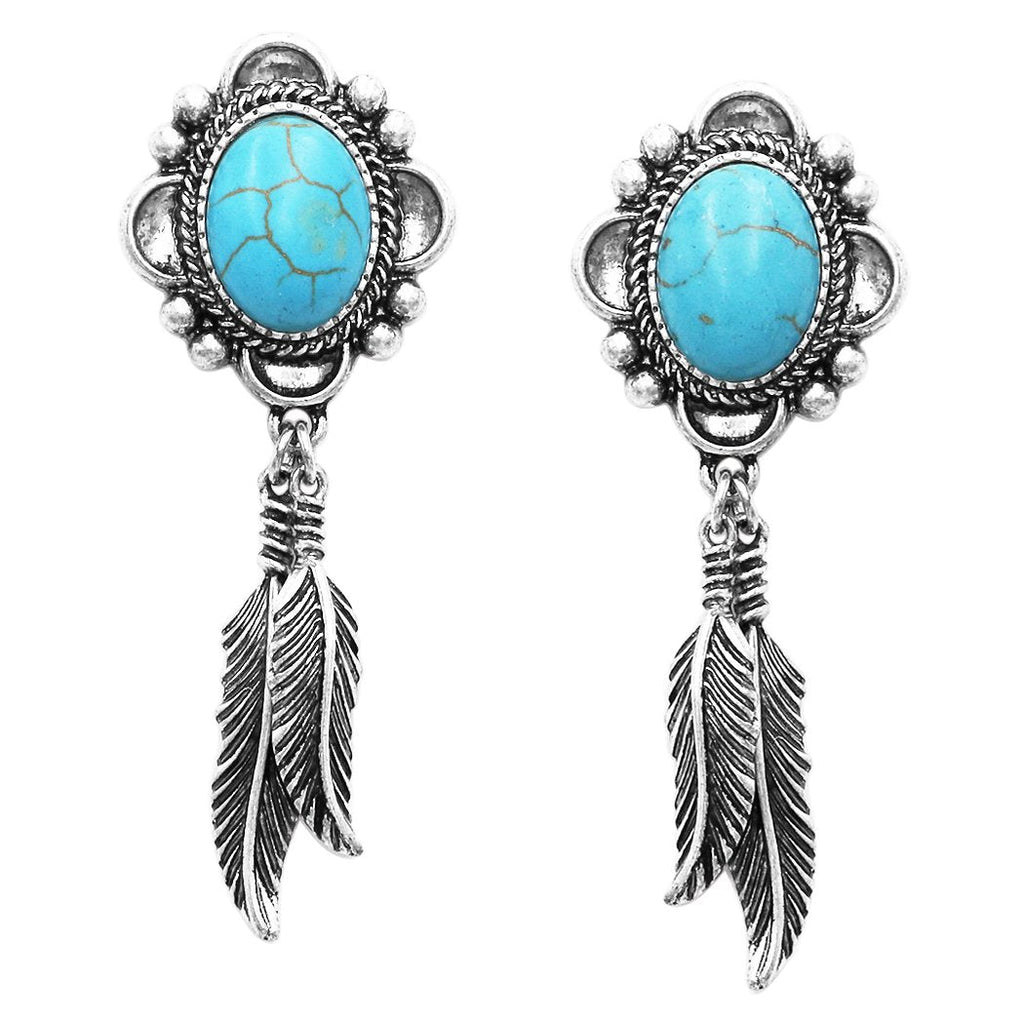 Western Style Decorative Metal Feathers And Framed Turquoise Howlite Dangle Earrings, 2.75