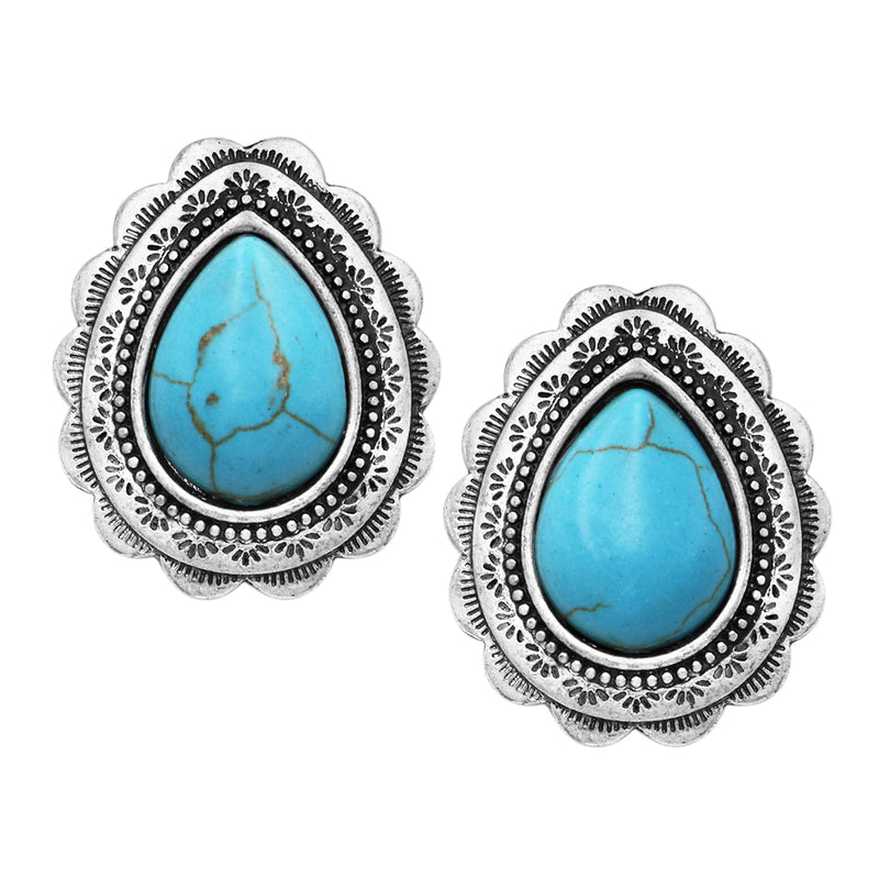 Statement South Western Style Natural Howlite Teardrop Cowgirl Clip On Style Earrings, 1.12" (Turquoise)