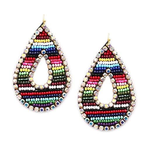 Unique South West Style Seed Bead And Crystal Rhinestone Teardrop Hoop Dangle Earrings, 2.5"