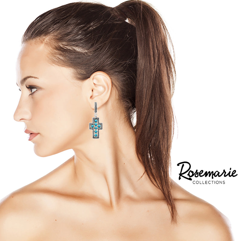 Stunning Western Style Hoop With Turquoise Beaded Cross Earrings, 2.25"