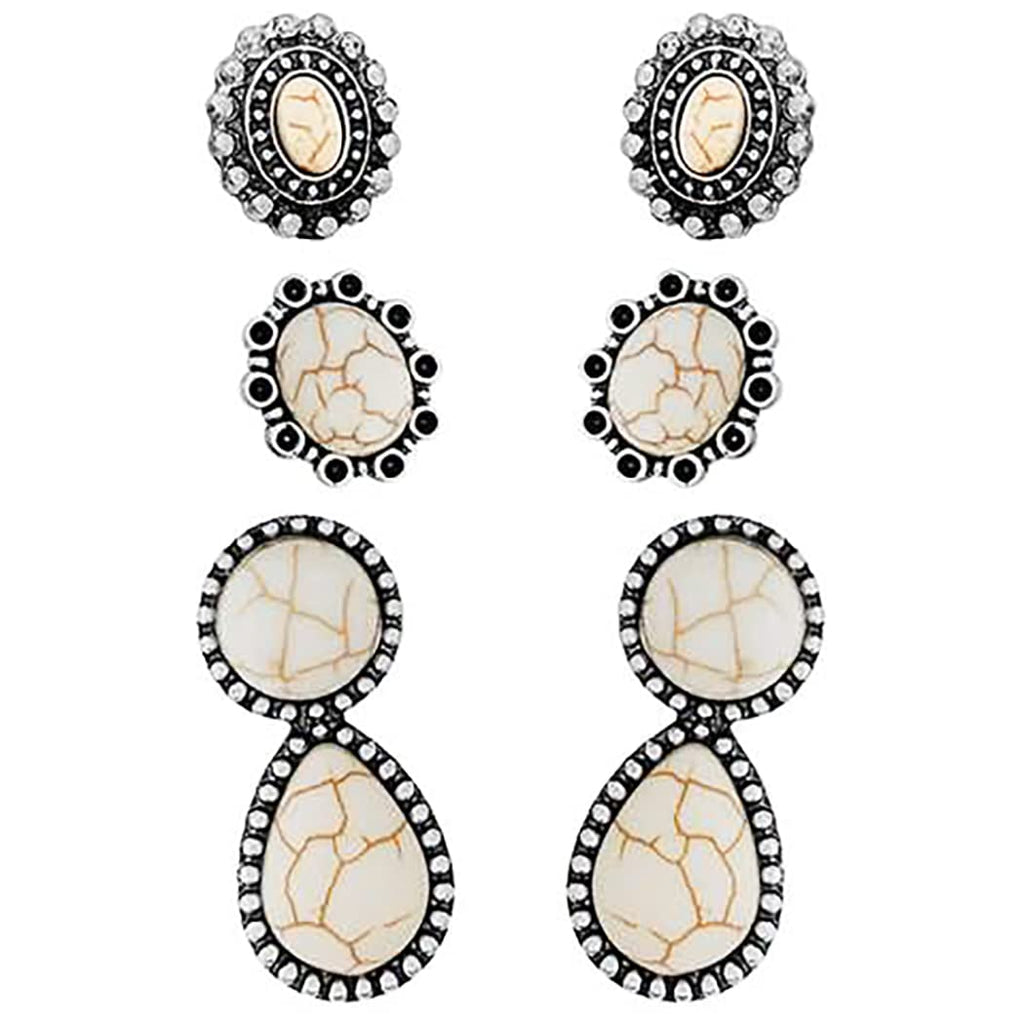 Set of 3 Pairs Western Cowgirl Fun Concho Style Natural Howlite Post Back Earrings (Natural White Howlite Stone)