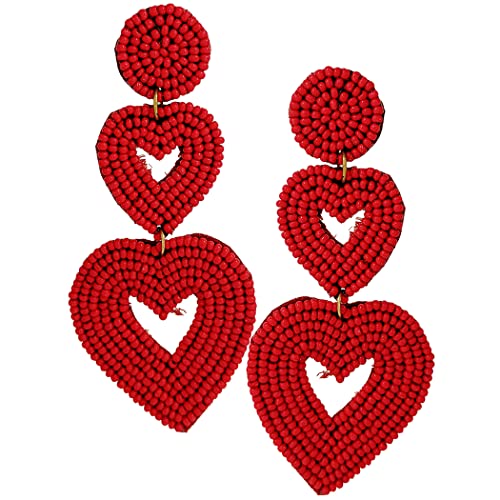 Valentines Earrings for Women Girls Bohemian Beaded Big Heart Dangle  Earrings Statement Handmade Seed Bead Heart Hoop Dangle Earrings for Women