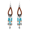 Wild Western Burnished Metal Feather With Vegan Suede Hoops And Howlite Stones Shoulder Duster Earrings, 4.25"