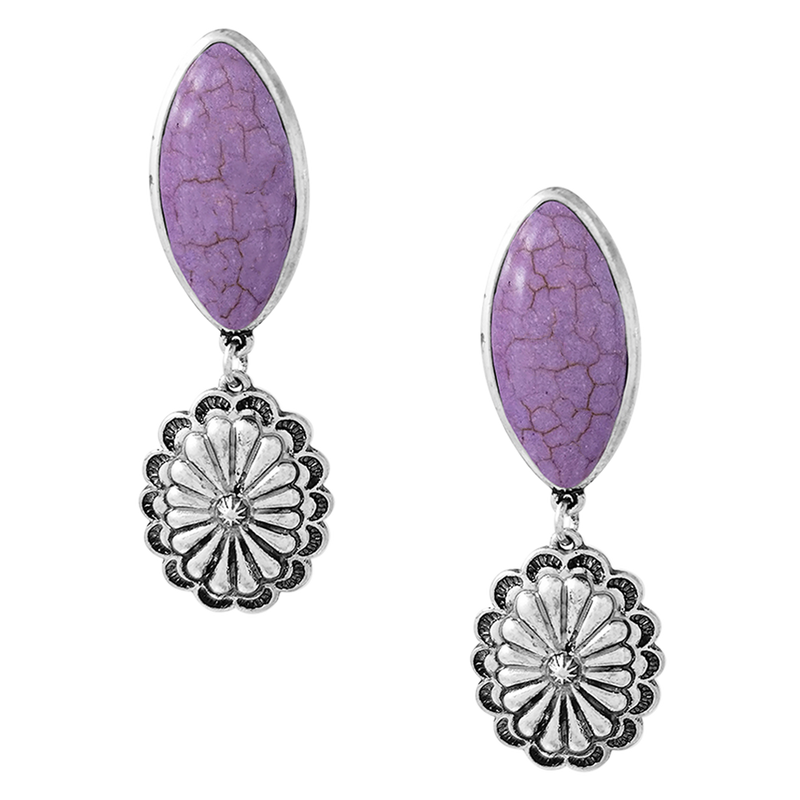Burnished Silver Tone Western Concho With Howlite Stone Hypoallergenic Post Back Earrings, 2.25" (Purple)