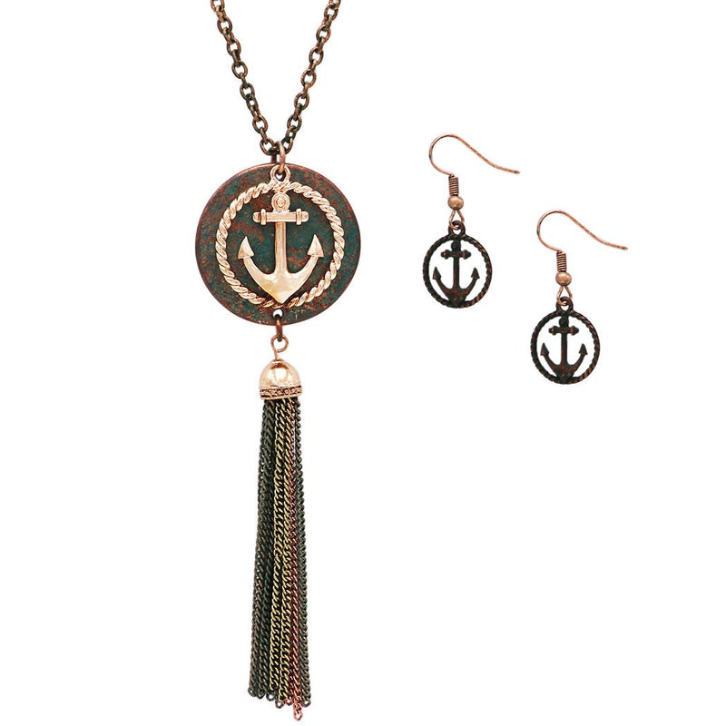 Anchor Charm with Tassel Two Tone Long Pendant Necklace and Earring Set