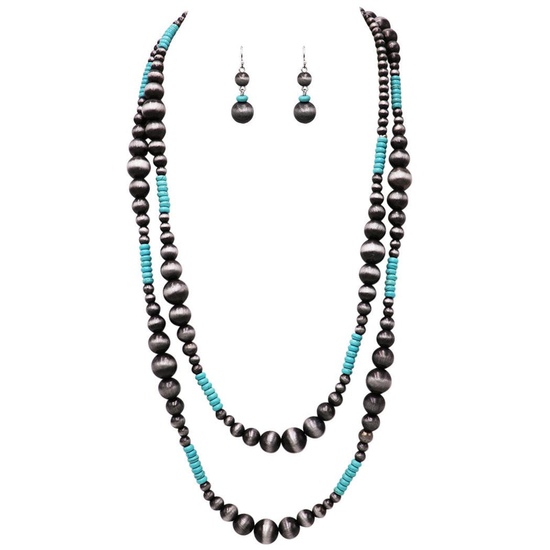 Women's Extra Long Metallic Silver Tone and Turquoise Beaded Statement Necklace and Earrings Jewelry Gift Set, 60"