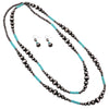 Women's Extra Long Metallic Silver Tone and Turquoise Beaded Statement Necklace and Earrings Jewelry Gift Set, 60"