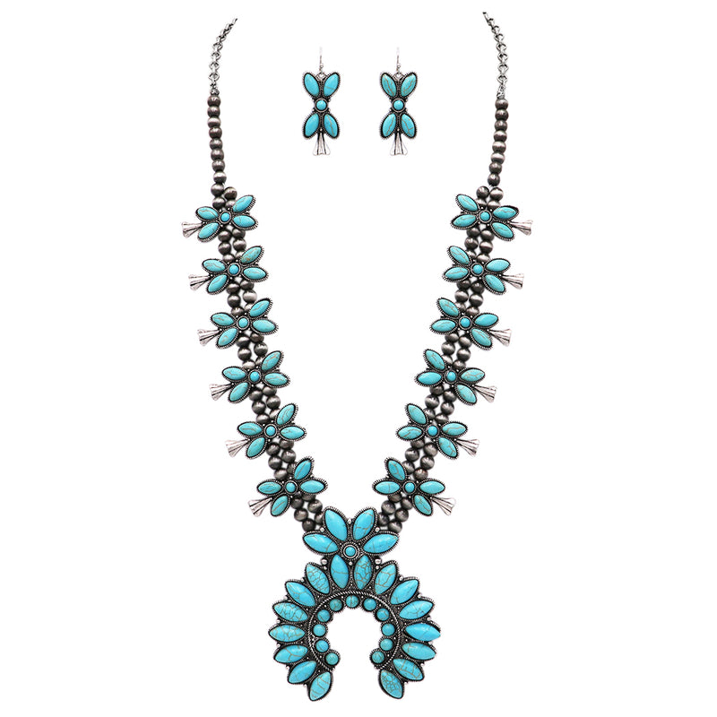 South Western Chic Statement Howlite Squash Blossom Necklace Earrings Set, 24"-27" with 3" Extension (Turquoise)