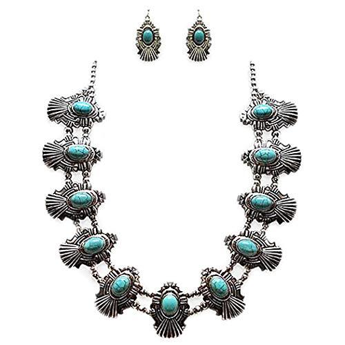 Unique South Western Turquoise Howlite Squash Blossom Necklace Earrings Set, 27