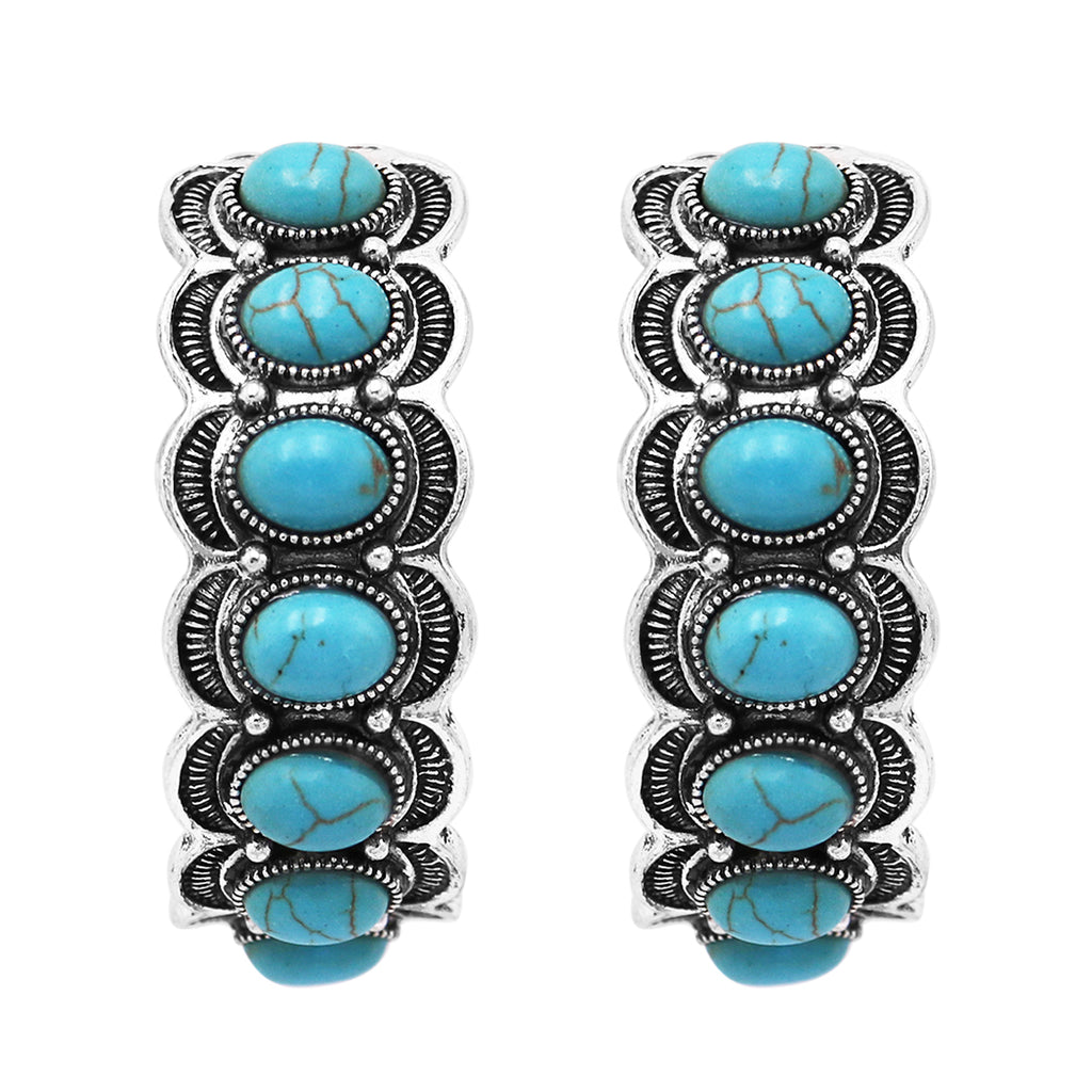 Western Semi Precious Howlite Stone Side Silhouette Chunky Hoop Post Earrings, 2
