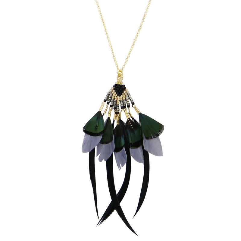 Gold Tone and Black Beaded Feather Fringe Long Statement Necklace