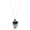 Gold Tone and Black Beaded Feather Fringe Long Statement Necklace