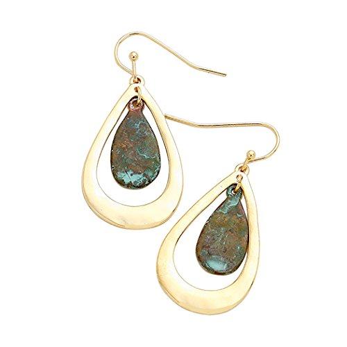 Gold Tone and Patina Double Teardrop Dangle Earrings