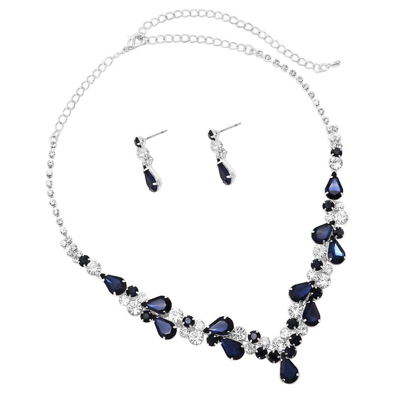 Rhinestone Teardrop Statement Necklace Drop Earrings Set (Silver Tone/Montana Blue)