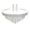 Crystal Fringe Choker Statement Necklace Jewelry Set (Silver)