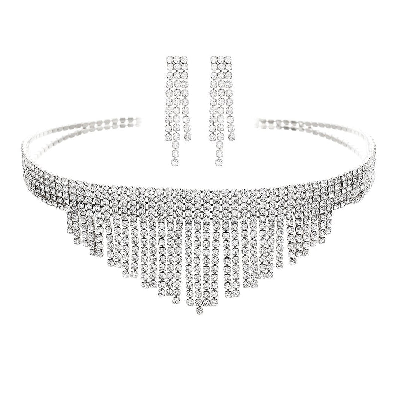 Crystal Fringe Choker Statement Necklace Jewelry Set (Silver)