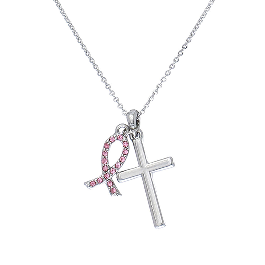 Inspirational Breast Cancer Awareness Pink Crystal Ribbon and Silver Cross Charm Necklace, 18
