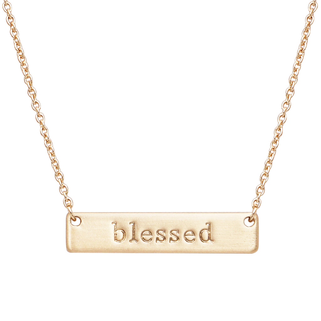 Blessed Inspirational Bar Pendant Necklace (Matte Gold Tone)