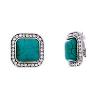 Western Chic Crystal Rhinestone Accented Square Turquoise Howlite Stone Clip On Earrings, 0.9"