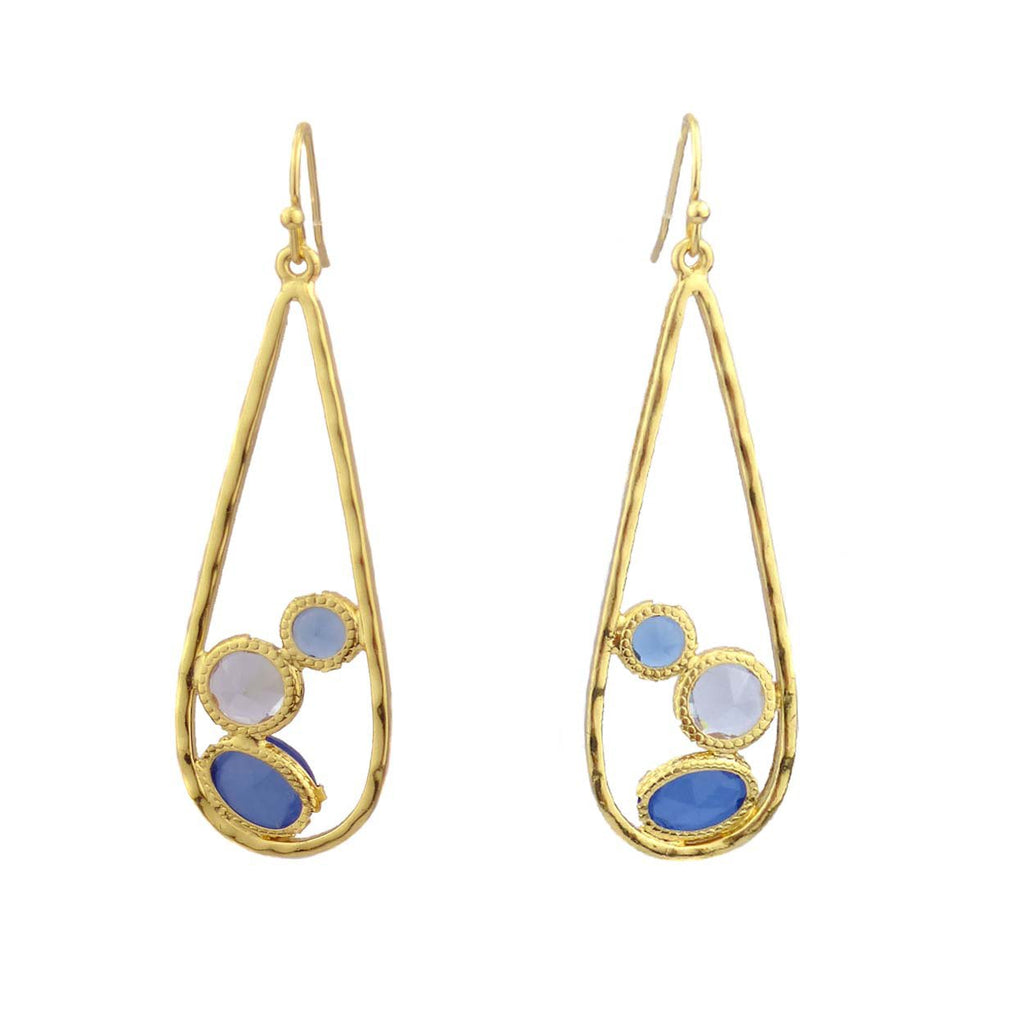 Large Teardrop Dangle Earrings with Multi-color Glass Gemstones (Blue/Purple)