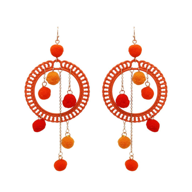Fuzzy Long Pom Pom Hoop Statement Earrings (Orange)