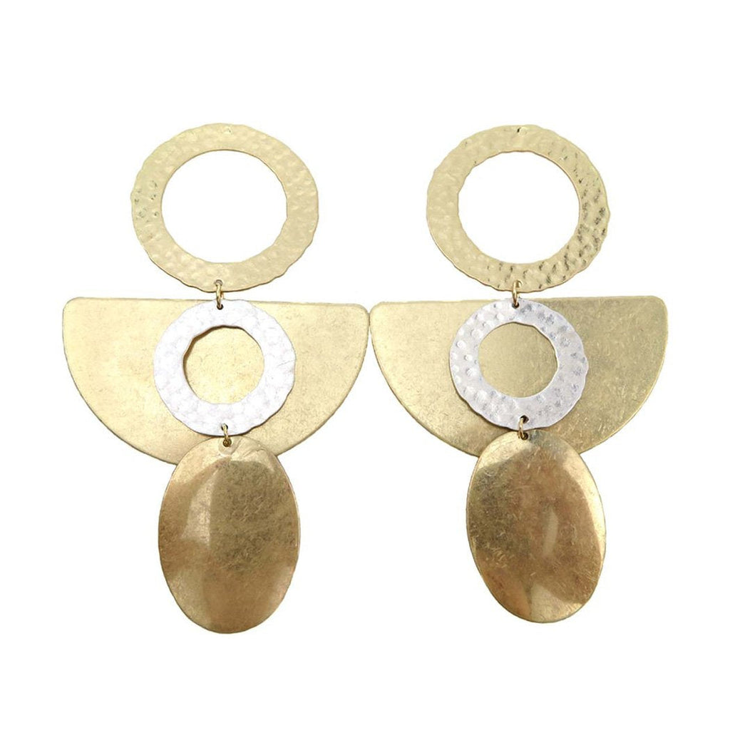 Statement Drop Earrings Two Tone Metal Geometric Shapes