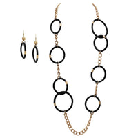 Women's Statement Simulated Black Leather Long Necklace and Dangle Hoop Earring Jewelry Gift Set, 22.5"